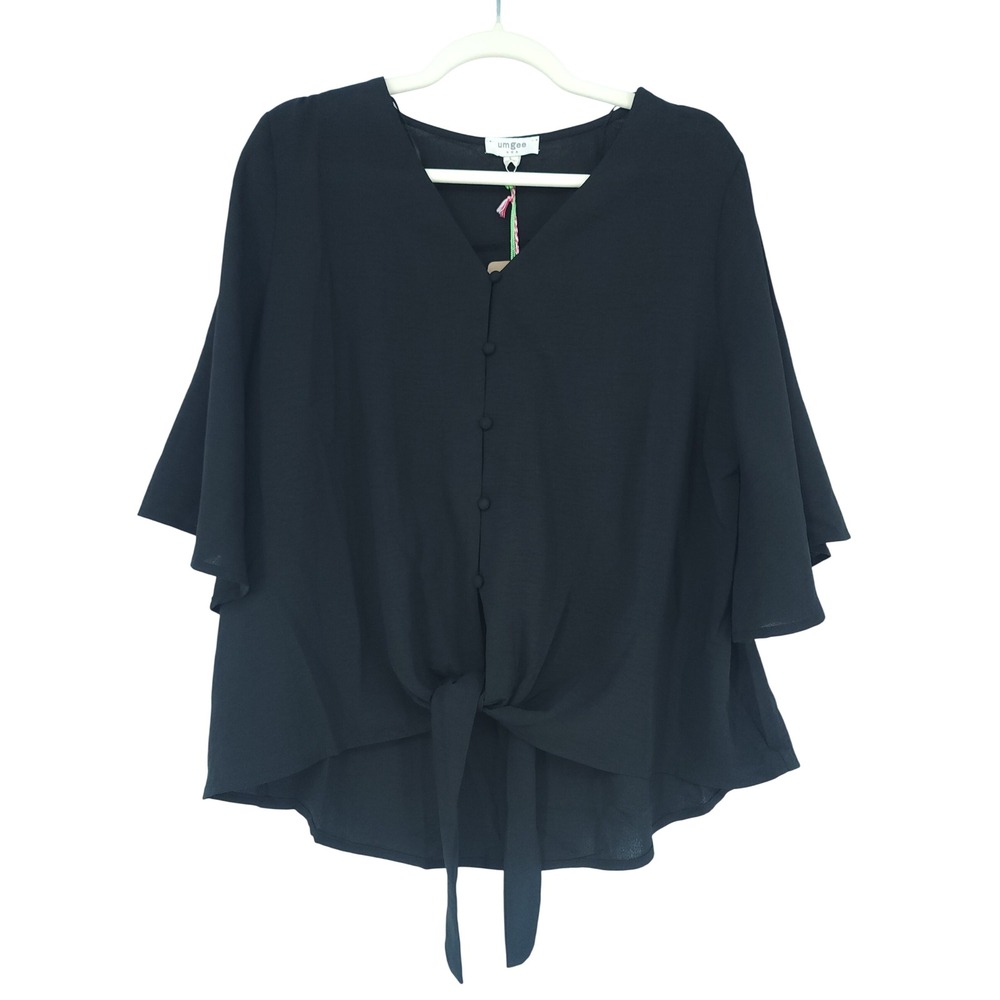 Umgee Blouse Women L Black BellSleeve FrontTie Boho Career Chic Modern Top NWT